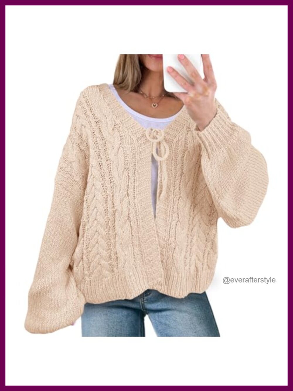 Cable Knit Tie Front Cardigan Lantern Long Sleeve V Neck Casual Loose Sweater